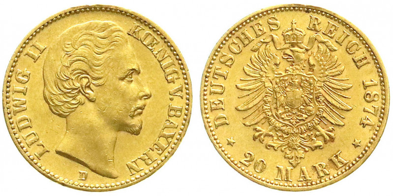Reichsgoldmünzen
Bayern
Ludwig II., 1864-1886
20 Mark 1874 D. vorzüglich, kl....