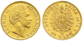 Reichsgoldmünzen
Bayern
Ludwig II., 1864-1886
20 Mark 1874 D. vorzüglich, kl. Randfehler. Jaeger 197.