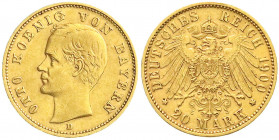 Reichsgoldmünzen
Bayern
Otto, 1886-1913
20 Mark 1900 D. sehr schön/vorzüglich. Jaeger 200.