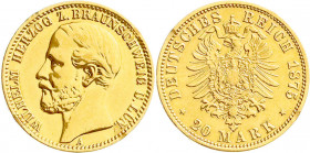 Reichsgoldmünzen
Braunschweig
Wilhelm, 1830-1884
20 Mark 1875 A. sehr schön, Vs. Felder gestichelt, Fassungsspuren. Jaeger 203.