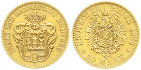 Reichsgoldmünzen
Hamburg
10 Mark 1874 B. Ohne Schildhalter, unten spitz. sehr schön/vorzüglich, kl. Kratzer und Rand min. überarbeitet, selten. Jaeg...