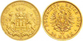 Reichsgoldmünzen
Hamburg
20 Mark 1876 J. sehr schön. Jaeger 210.