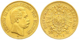Reichsgoldmünzen
Hessen
Ludwig III., 1848-1877
10 Mark 1872 H. sehr schön, winz. Randfehler. Jaeger 213.