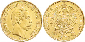 Reichsgoldmünzen
Hessen
Ludwig III., 1848-1877
10 Mark 1873 H. fast Stempelglanz, Prachtexemplar, sehr selten in dieser Erhaltung. Jaeger 213.
