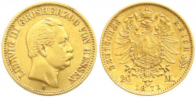Reichsgoldmünzen
Hessen
Ludwig III., 1848-1877
20 Mark 1873 H. sehr schön, min. gebogen. Jaeger 214.