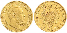 Reichsgoldmünzen
Hessen
Ludwig IV., 1877-1892
10 Mark 1878 H. gutes sehr schön, min. Randfehler und min. gebogen. Jaeger 219.