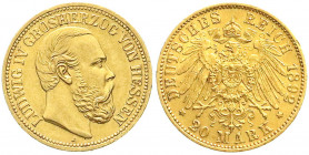 Reichsgoldmünzen
Hessen
Ludwig IV., 1877-1892
20 Mark 1892 A. vorzüglich, kl. Randfehler, selten. Jaeger 221.