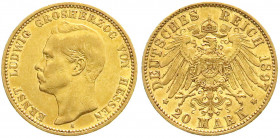 Reichsgoldmünzen
Hessen
Ernst Ludwig, 1892-1918
20 Mark 1897 A. gutes sehr schön, winz. Randfehler. Jaeger 225.