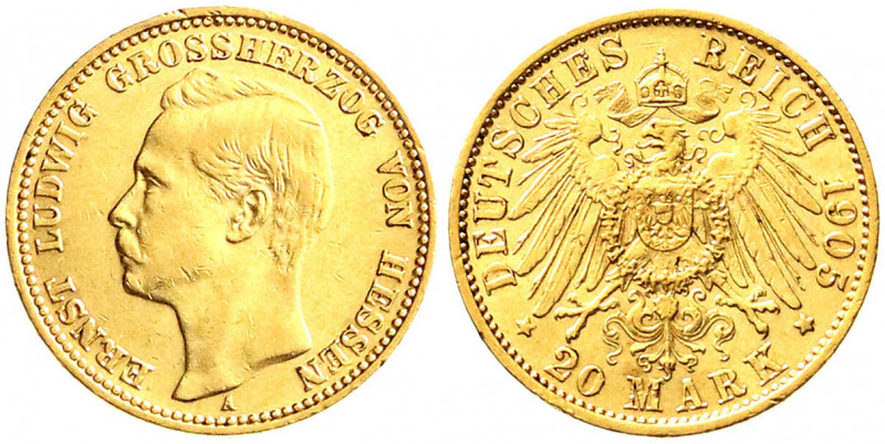 Reichsgoldmünzen
Hessen
Ernst Ludwig, 1892-1918
20 Mark 1905 A. vorzüglich, k...