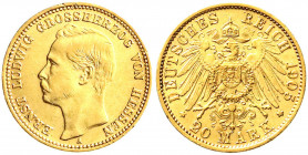 Reichsgoldmünzen
Hessen
Ernst Ludwig, 1892-1918
20 Mark 1905 A. vorzüglich, kl. Randfehler. Jaeger 226.