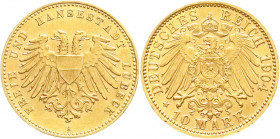 Reichsgoldmünzen
Lübeck
Freie und Hansestadt
10 Mark 1904 A. fast Stempelglanz, Prachtexemplar. Jaeger 227.