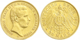 Reichsgoldmünzen
Mecklenburg/-Schwerin
Friedrich Franz IV., 1897-1918
20 Mark 1901 A. vorzüglich/Stempelglanz, sehr selten. Jaeger 234.