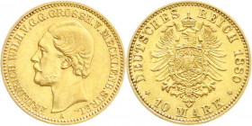 Reichsgoldmünzen
Mecklenburg/-Strelitz
Friedrich Wilhelm, 1860-1904
10 Mark 1880 A. gutes vorzüglich, sehr selten. Jaeger 237.