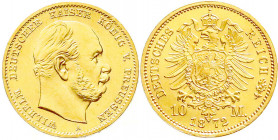 Reichsgoldmünzen
Preußen
Wilhelm I., 1861-1888
10 Mark 1872 A. fast Stempelglanz, Prachtexemplar. Jaeger 242.