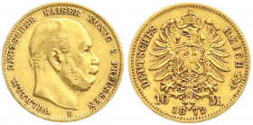 Reichsgoldmünzen
Preußen
Wilhelm I., 1861-1888
10 Mark 1872 B. sehr schön. Jaeger 242.
