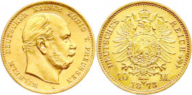 Reichsgoldmünzen
Preußen
Wilhelm I., 1861-1888
10 Mark 1873 A. fast Stempelglanz, Prachtexemplar. Jaeger 242.