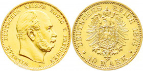Reichsgoldmünzen
Preußen
Wilhelm I., 1861-1888
10 Mark 1874 A. fast Stempelglanz, Prachtexemplar. Jaeger 245.