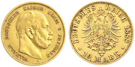 Reichsgoldmünzen
Preußen
Wilhelm I., 1861-1888
10 Mark 1888 A. Dreikaiser-Jahr. gutes sehr schön. Jaeger 245.