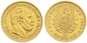 Reichsgoldmünzen
Preußen
Wilhelm I., 1861-1888
20 Mark 1888 A. 3 Kaiserjahr. vorzüglich. Jaeger 246.