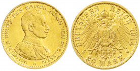 Reichsgoldmünzen
Preußen
Wilhelm II., 1888-1918
20 Mark 1914 A. Kaiser in Uniform. gutes vorzüglich. Jaeger 253.