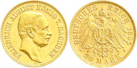 Reichsgoldmünzen
Sachsen
Friedrich August III., 1904-1918
20 Mark 1905 E. gutes vorzüglich. Jaeger 268.