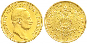 Reichsgoldmünzen
Sachsen
Friedrich August III., 1904-1918
20 Mark 1913 E. prägefrisch/fast Stempelglanz. Jaeger 268.
