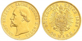 Reichsgoldmünzen
Sachsen/-Coburg-Gotha
Ernst II., 1844-1893
20 Mark 1886 A. vorzüglich/Stempelglanz, selten in dieser Erhaltung. Jaeger 271.
