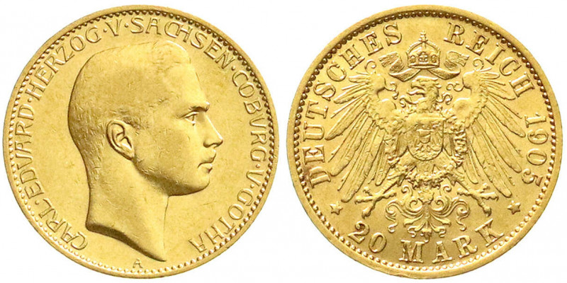 Reichsgoldmünzen
Sachsen/-Coburg-Gotha
Carl Eduard, 1900-1918
20 Mark 1905 A....