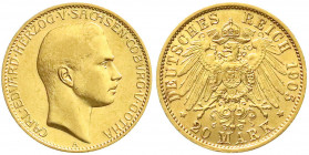 Reichsgoldmünzen
Sachsen/-Coburg-Gotha
Carl Eduard, 1900-1918
20 Mark 1905 A. vorzüglich/Stempelglanz, winz. Kratzer. Jaeger 274.