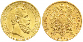Reichsgoldmünzen
Württemberg
Karl, 1864-1891
20 Mark 1872 F. vorzüglich/Stempelglanz. Jaeger 290.