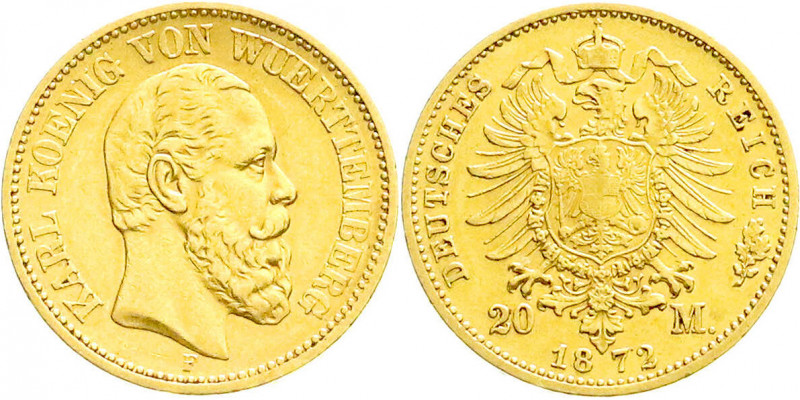 Reichsgoldmünzen
Württemberg
Karl, 1864-1891
20 Mark 1872 F. sehr schön/vorzü...