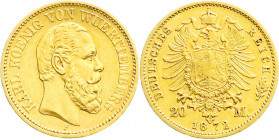 Reichsgoldmünzen
Württemberg
Karl, 1864-1891
20 Mark 1872 F. sehr schön/vorzüglich. Jaeger 290.