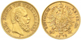 Reichsgoldmünzen
Württemberg
Karl, 1864-1891
20 Mark 1873 F. sehr schön/vorzüglich. Jaeger 290.