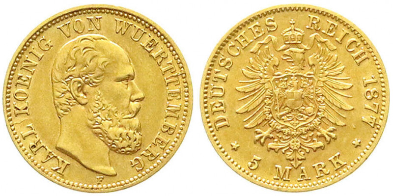Reichsgoldmünzen
Württemberg
Karl, 1864-1891
5 Mark 1877 F. vorzüglich. Jaege...