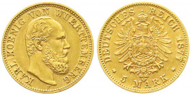 Reichsgoldmünzen
Württemberg
Karl, 1864-1891
5 Mark 1877 F. vorzüglich. Jaeger 291.