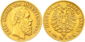 Reichsgoldmünzen
Württemberg
Karl, 1864-1891
10 Mark 1888 F. sehr schön. Jaeger 292.
