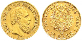 Reichsgoldmünzen
Württemberg
Karl, 1864-1891
10 Mark 1888 F. sehr schön. Jaeger 292.