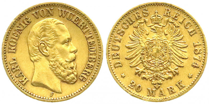 Reichsgoldmünzen
Württemberg
Karl, 1864-1891
20 Mark 1874 F. sehr schön, winz...