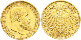 Reichsgoldmünzen
Württemberg
Wilhelm II., 1891-1918
10 Mark 1898 F. sehr schön/vorzüglich, winz. Randfehler. Jaeger 295.