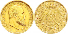 Reichsgoldmünzen
Württemberg
Wilhelm II., 1891-1918
10 Mark 1903 F. sehr schön/vorzüglich, kl. Randfehler. Jaeger 295.