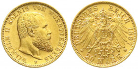 Reichsgoldmünzen
Württemberg
Wilhelm II., 1891-1918
20 Mark 1897 F. vorzüglich. Jaeger 296.