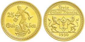 Gold der deutschen Kolonien u. Nebengebiete
Danzig
Freie Stadt, 1920-1939
Neuprägung zum 25 Gulden 1930 (2005). 3,57 g. 585/1000. Polierte Platte. ...