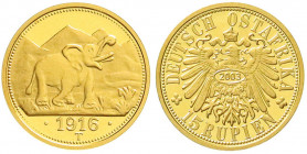 Gold der deutschen Kolonien u. Nebengebiete
Deutsch-Ostafrika
Notmünzen aus Tabora, 1916
Neuprägung zum 15 Rupien-Stück 1916 T, Elefant. (2003) 3,5...