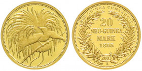 Gold der deutschen Kolonien u. Nebengebiete
Neuguinea
Neu-Guinea Compagnie
Neuprägung zum 20 Neu-Guinea Mark-Stück 1895 A (2003). 3,55 g. 585/1000....