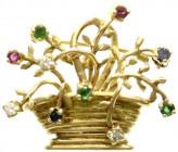Schmuck und Accessoires aus Gold
Broschen
Brosche Gelbgold 585/1000 in Form eines Blumenkorbes, besetzt mit 3 Brillanten, 3 Smaragden, 2 Rubinen und...