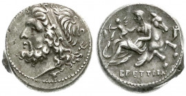 Altgriechische Münzen
Bruttium
Brettische Liga
Beckersche Fälschung einer Drachme 213/205 v. Chr. 4,17 g. vorzüglich. Hill 12.