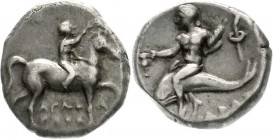 Altgriechische Münzen
Kalabria
Tarent
Nomos 272/235 v. Chr. Nackter Reiter r. mit Speer/Taras auf Delphin l., hält Kantharos, rechts Spinnrocken. 6...