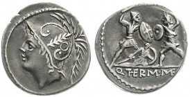 Römische Münzen
Römische Republik
Q. Thermius M.f, 106 v.Chr.
Denar 106 v. Chr. Beh. Romakopf l./Q. THERM. M. F. 3 Kämpfer. 3,91 g. Stempelstellung...