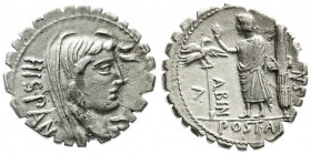 Römische Münzen
Römische Republik
A. Postumius A.F.S.N.Albinus, 81 v. Chr.
Denar Serratus 81 v. Chr. HISPAN. Verschleierter Kopf der Hispania r./NS...
