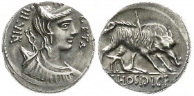 Römische Münzen
Römische Republik
C. Hosidius C.F. Geta, 68 v. Chr.
Denar 68 v. Chr. Büste der Diana mit Bogen und Köcher/fliehender Eber. 3,73 g. ...